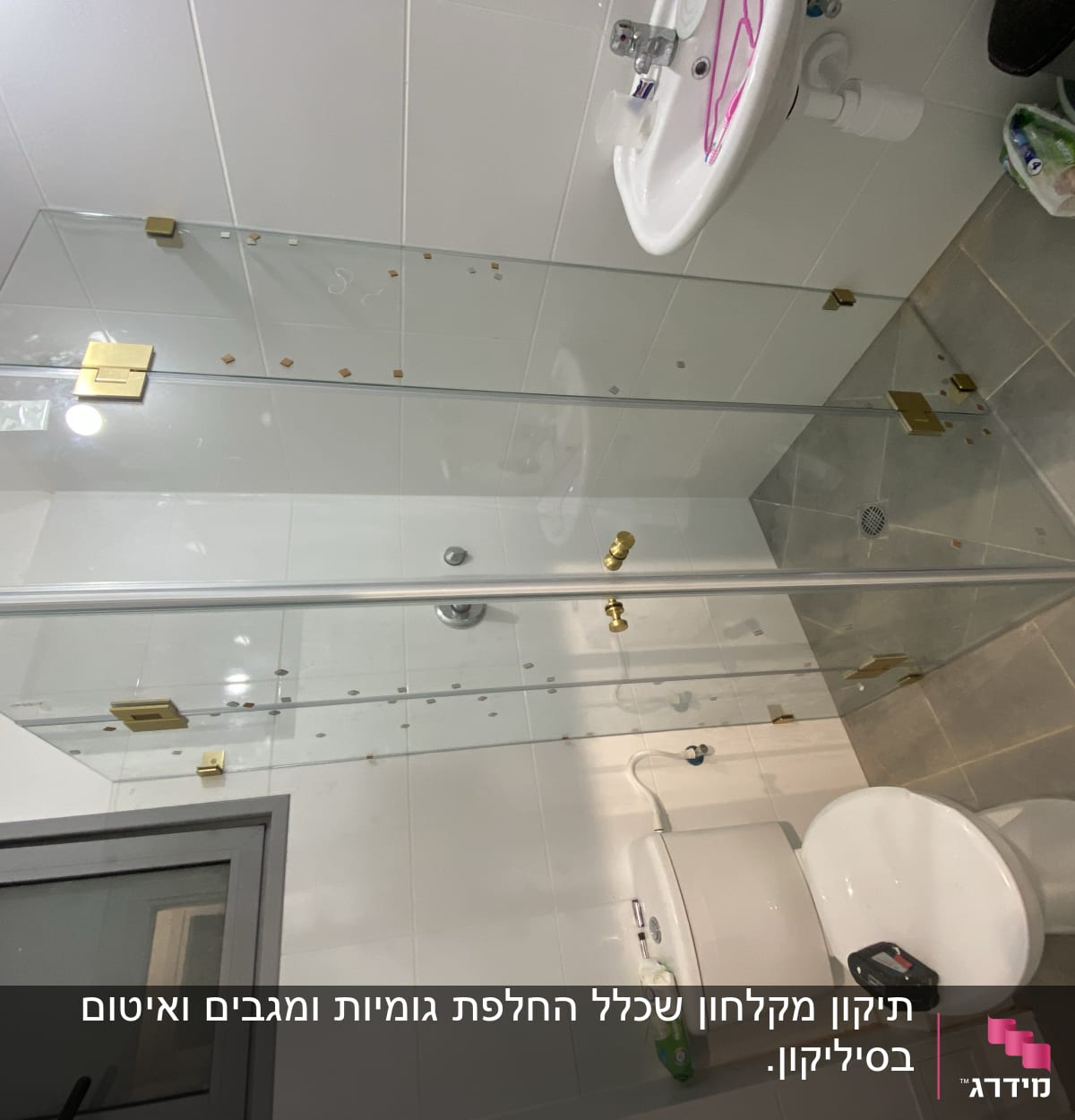 מקלחון זכוכית עם דלתות זהב בחדר אמבטיה